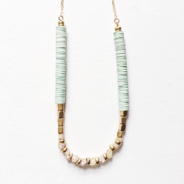 Mint Green Sequin and Rock Quartz Brass Beaded Necklace