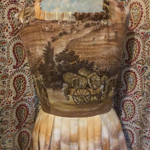 1960’s Novelty Print Dress, Cotton, Sleeveless, 1800’s Scenic Motif, Size Small