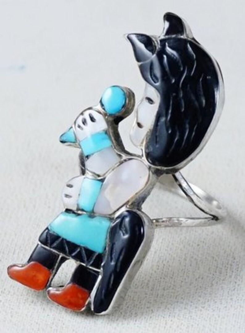 Item #883W Vintage Zuni Multi Stone Inlay Wolf Dancer Silver Ring sz 7 14