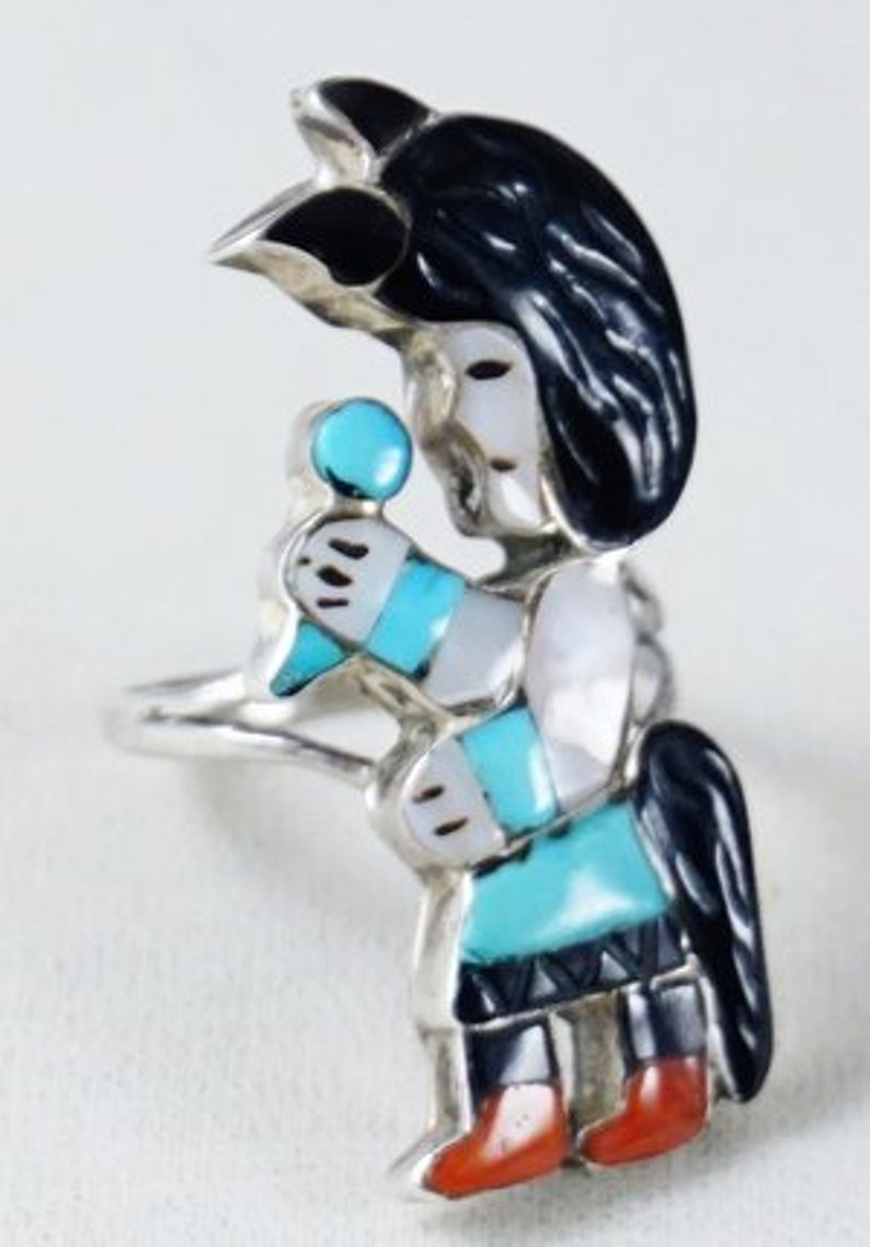 Item #883W Vintage Zuni Multi Stone Inlay Wolf Dancer Silver Ring sz 7 14