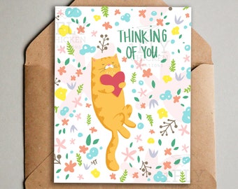 Thinking of You Cat Card - Printable Thinking of You Greeting Card - Cute Ginger Tabby Cat - Floral Design - For Grief, Loss - Digital Card