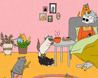 Funny Cat Lady Comic - Skeleton + Cats Illustration - Giclee Art Print - 5 x 7 Size