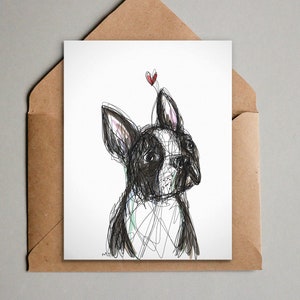 Tarjeta imprimible con un Boston Terrier - Nota de amor dulce y sencilla - Descarga instantánea - Dibujo de un cachorro de Boston Terrier - Tarjeta de felicitación con un perro lindo