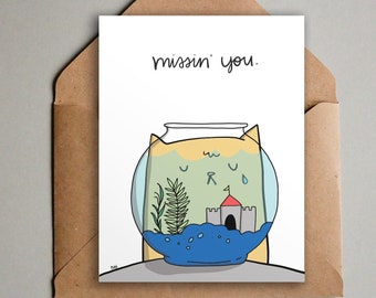 Printable Missing You Sad Card - Cute Cat + Fishbowl Goodbye Farewell Greeting Card - Instant Download - Ginger Cat Crying