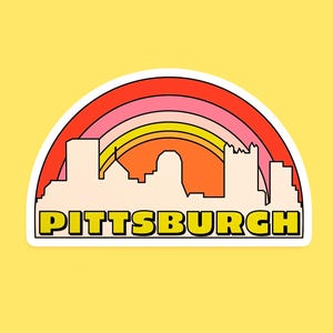 Pittsburgh Stickers - Pink Retro Rainbow Pittsburgh Skyline Vinyl Weatherproof Decal - Unique Pittsburgh Souvenir - 3 Inch