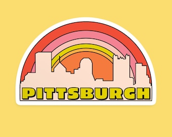 Pittsburgh Sticker - 3 Inch Pink Retro Rainbow Pittsburgh Skyline Vinyl Weatherproof Decal - Unique Pittsburgh Souvenir