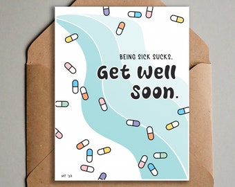 Printable Get Well Soon Card - Cute Pills Simple Get Well Card - Greeting Card for Illness, Cancer, Being Sick Sucks - Instant Download