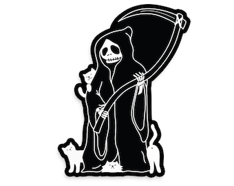 Grim Reaper Sticker - Funny Skeleton Reaper with Cats Sticker - Vinyl Weatherproof Decal - Alternative Punk Cat People