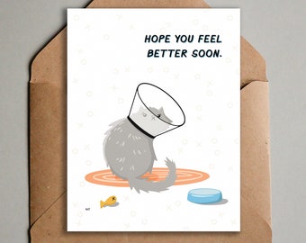 Printable Get Well Soon Card - Feel Better Soon Cat Card -  Printable Greeting Card - Cat with Cone Recovery, Surgery, Injury Card
