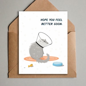 Cartão para melhorar logo para impressão - Cartão para se sentir melhor logo para gatos - Cartão de felicitações para impressão - Cartão para recuperação, cirurgia e ferimento de gato com cone