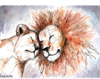 Lion Painting - Watercolor and Ink Art Print - 5 by 7