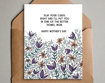Funny Mother's Day Card Printable - Colorful Purple Flowers + Sarcasm - Warning for Mom - Happy Mother's Day - Instant Digital Download