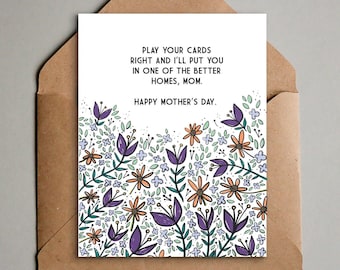 Tarjeta imprimible divertida para el Día de la Madre - Flores moradas de colores + sarcasmo - Advertencia para mamá - Feliz Día de la Madre - Descarga digital instantánea