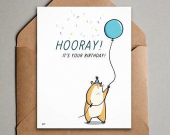 Hamster Birthday Card - Printable Happy Birthday Card - Cute Animal Printable Birthday Card - Hamster with Balloon Simple Greeting Card