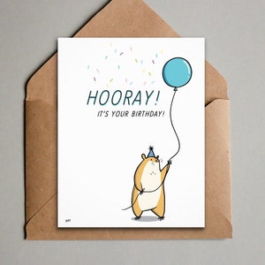 Hamster Birthday Card - Printable Happy Birthday Card - Cute Animal Printable Birthday Card - Hamster with Balloon Simple Greeting Card
