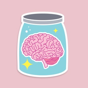 以下が含まれることがあります： 青い瓶の中にピンクの脳が入ったステッカー。瓶は白い蓋と白い輪郭をしています。瓶には白い星が描かれています。