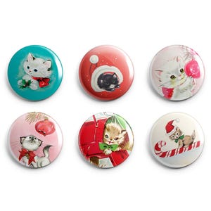 Vintage Christmas Cats Decor - Handmade Magnets or Pins - 1-Inch Christmas Cat Buttons -  MCM Christmas - Set of 6