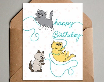 Cat Playing Happy Birthday Card - Printable Birthday Card Vintage Style - A2 Standard Size