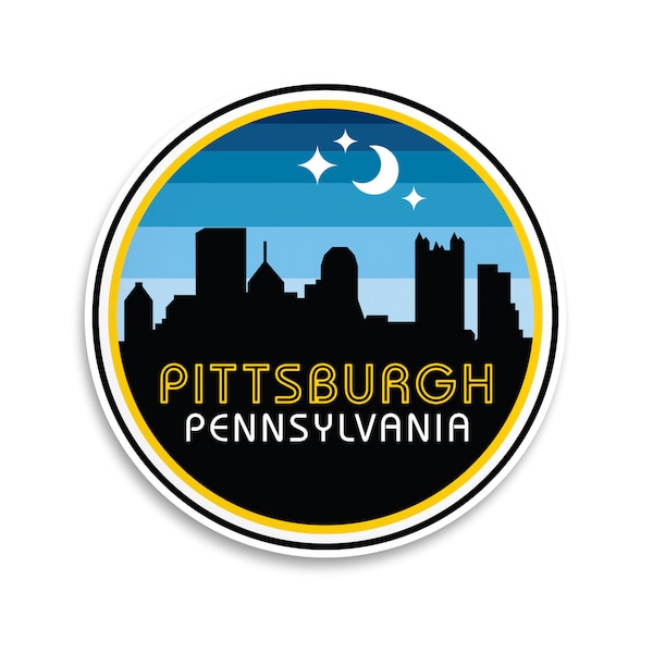 Pittsburgh Skyline Sticker - Retro Blue Starry Night City + Moon - Pittsburgh Laptop Sticker - Vinyl Weatherproof Decal - Pittsburgh Gift