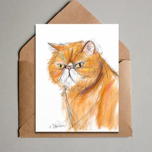 Puede incluir: Una ilustración dibujada a mano de un gato naranja y blanco con una expresión gruñona. El gato está dibujado en un estilo estilizado y abstracto con líneas y colores.