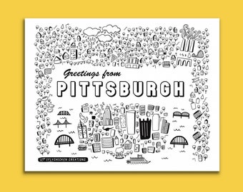 Pittsburgh Doodle Postcards - Greetings from Pittsburgh, PA - Black + White Notecards - By Local Pittsburgh Artist - Three Rivers City