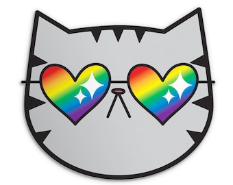 Rainbow Cat Sticker or Magnet - 3 Inch Vinyl Weatherproof Decal or Magnet - Gray Tabby Cat with Rainbow Sunglasses - Pride Sticker