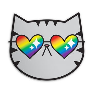 Rainbow Cat Sticker or Magnet - 3 Inch Vinyl Weatherproof Decal or Magnet - Gray Tabby Cat with Rainbow Sunglasses - Gay Pride Sticker