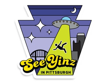 Pittsburgh Stickers - 3 Inch Vinyl Weatherproof Sticker - See Yinz in Pittsburgh UFO Keystone - Glow in the Dark Sticker for Yinzers