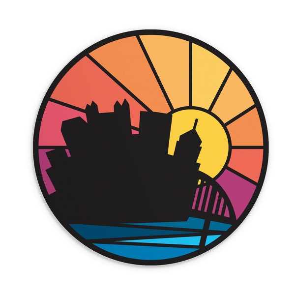 Pittsburgh Skyline Sticker - Retro Pittsburgh Sunset Vinyl Weatherproof Decal - 3 Inch Round