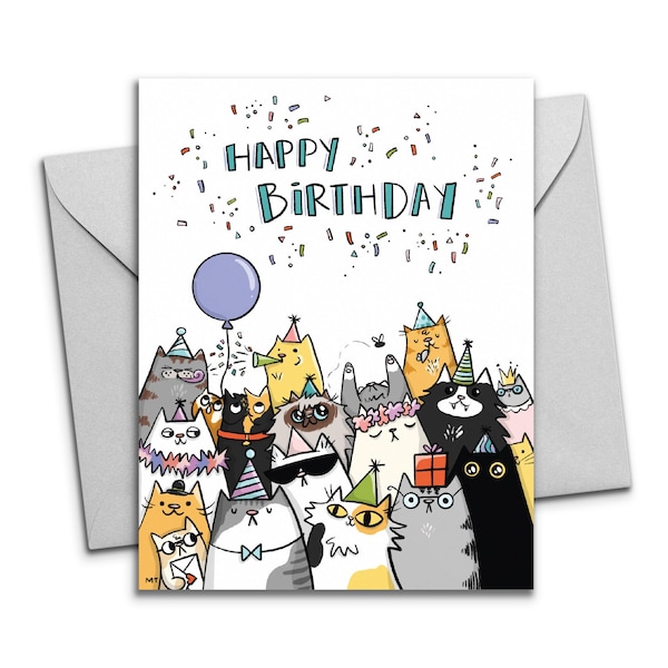Cat Birthday Card - Printable Party Cats Happy Birthday Card - Unique Cat Crew From All of Us - Download Cat Greeting Card - A2 Size
