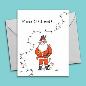 Merry Christmas Cats with Santa Printable Greeting Card - Santa Claus Loves Cats Holiday Card - Instant Download