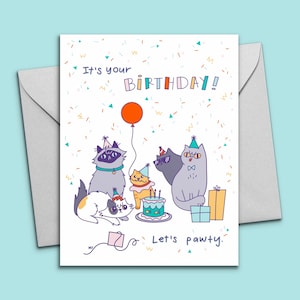 Cartão de festa de aniversário de gato para impressão - Cartão de felicitações exclusivo para comemoração de feliz aniversário - Trocadilho fofo de gato - Tamanho A2