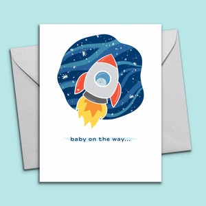 Neues Baby Karte - druckbare Grußkarte - Weltraum Thema Baby an Bord von Rakete - Instant Download - 2 Hauttöne inklusive