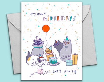 Printable Cat Birthday Party Card - Unique Happy Birthday Celebration Greeting Card - Cute Cat Pun Birthday - A2 Size