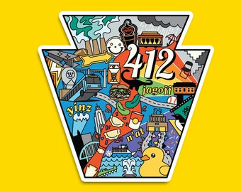 All Things Pittsburgh Keystone Sticker or Magnet - 4 Inch Pittsburgh Decal and Souvenir - Yinzer Gift by Local Artist for Pittsburgh Love