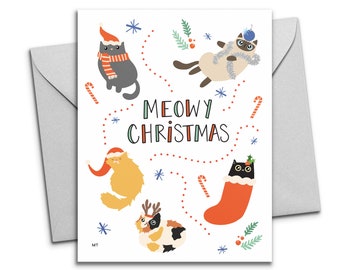 Meowy Christmas Greeting Card - Printable Cat Christmas Card - Merry Christmas Instant Download - Cute Holiday Card for Cat Lovers