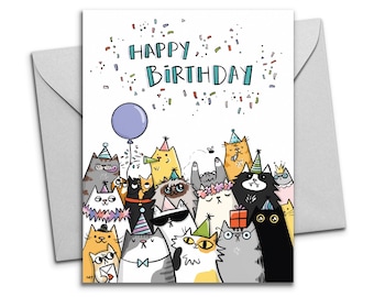 Cat Birthday Card - Printable Party Cats Happy Birthday Card - Unique Cat Crew From All of Us - Download Cat Greeting Card - A2 Size