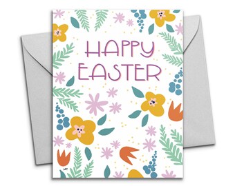 Printable Easter Card - Modern Floral Easter Greeting Card - Instant Download Easter Card - Handlettered Happy Easter with Flowers