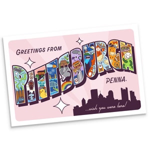 Vintage Postkarte Pittsburgh - Greetings from Pittsburgh Souvenir eines lokalen Künstlers - Wish You Were Here - Midcentury Style Pittsburgh Postkarte