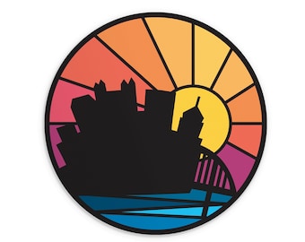 Pittsburgh Skyline Sticker - Retro Pittsburgh Sunset Vinyl Weatherproof Decal - 3 Inch Round
