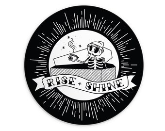 Skeleton Coffee Sticker - Traditional Tattoo Style, Weatherproof Vinyl Decal - 3 inch Round Black and White Sticker