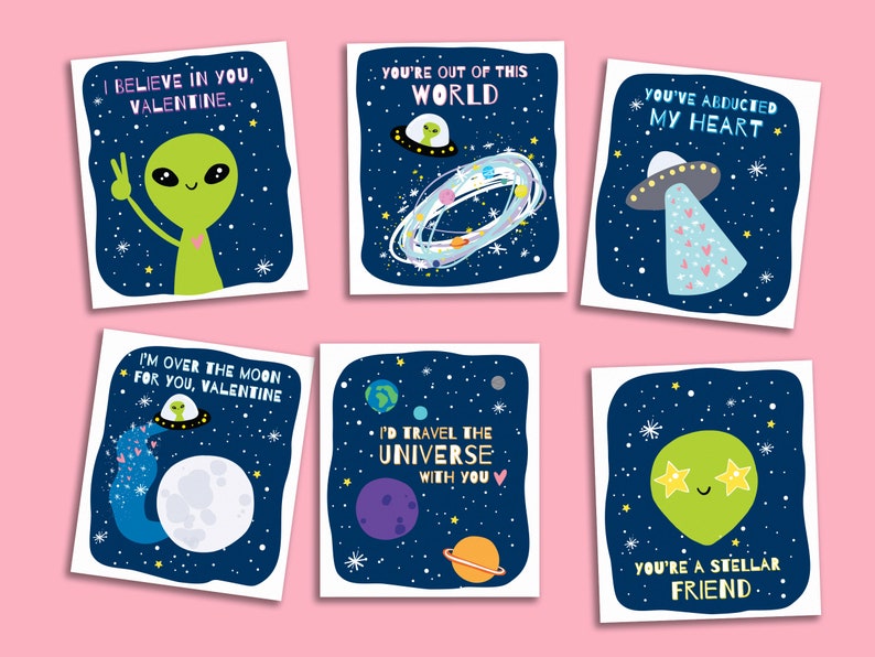 Printable Cute Alien UFO Valentines Valentines Day Card Exchange DIY Classroom Valentines Outer Space Cut Out Valentines for Kids image 3