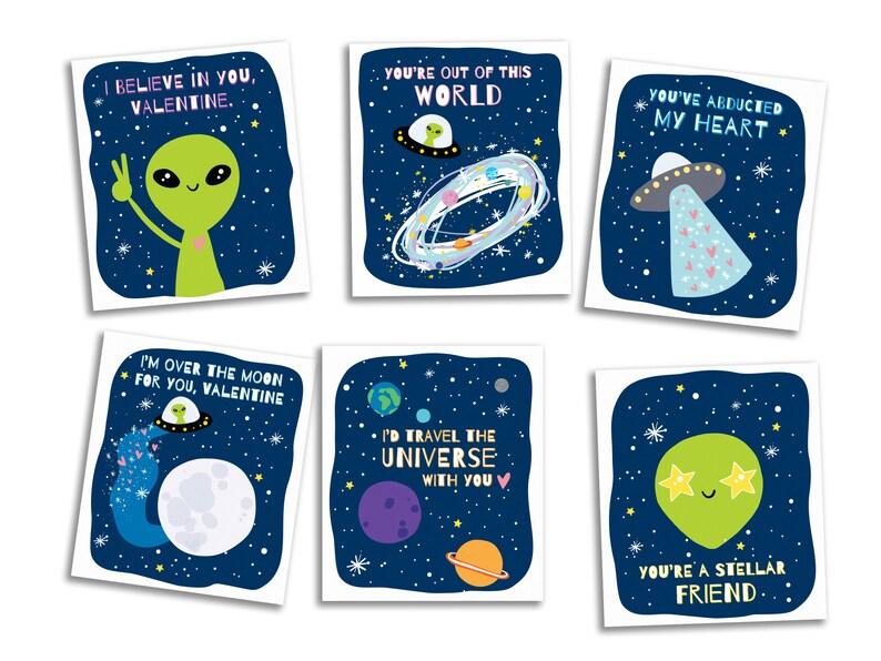 Printable Cute Alien UFO Valentines Valentines Day Card Exchange DIY Classroom Valentines Outer Space Cut Out Valentines for Kids image 2