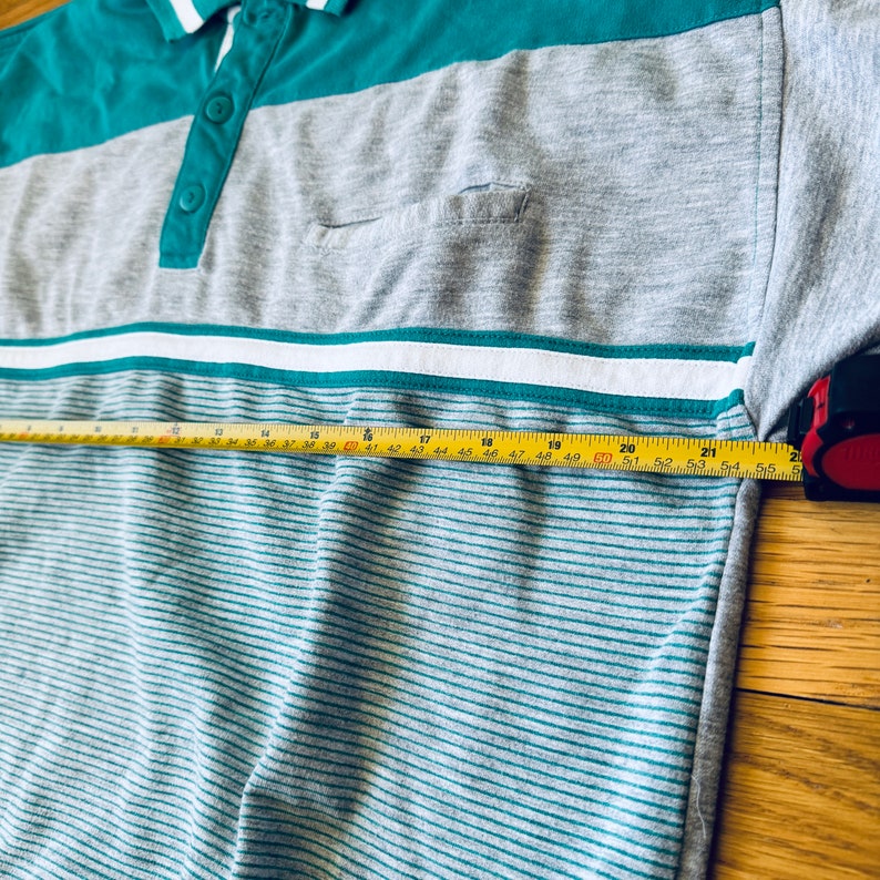 Retro 90s Colorblock Stripes Jersey Polo Short Sleeve Shirt Teal and Heather Gray image 5