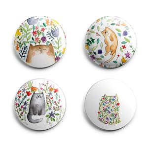 Cats and Flowers Plants Pins and Magnets 1 Inch Handmade Buttons Set of 4 image 1