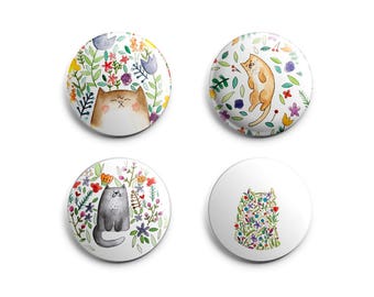 Cats + Flowers Pin or Magnet Set - 1" Handmade Buttons - Plant Lady + Cat Lady Vibes - Unique Handmade Gift - Set of 4