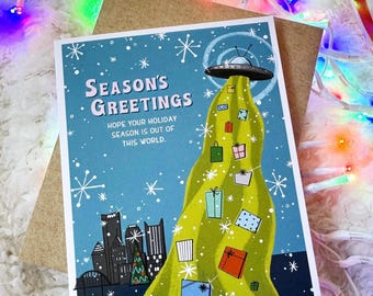 Retro Holiday Card - Seasons Greetings UFO Card - Pittsburgh City UFO Funny Christmas Cards - Unique Holiday Greeting - Blank Inside