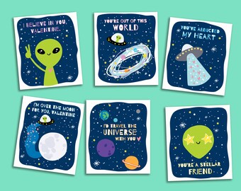 Tarjetas imprimibles de San Valentín con OVNIs extraterrestres - Tarjetas de San Valentín DIY para el aula - Tarjetas recortables del espacio exterior para niños