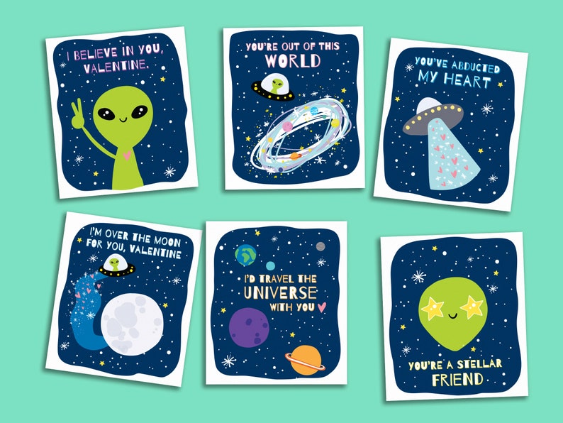 Printable Cute Alien UFO Valentines Valentines Day Card Exchange DIY Classroom Valentines Outer Space Cut Out Valentines for Kids image 1