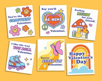Printable Flower Valentines for Kids - School Valentine's Day Card Exchange - Instant Download - 70s Groovy Flowers Mushrooms Roller Skates